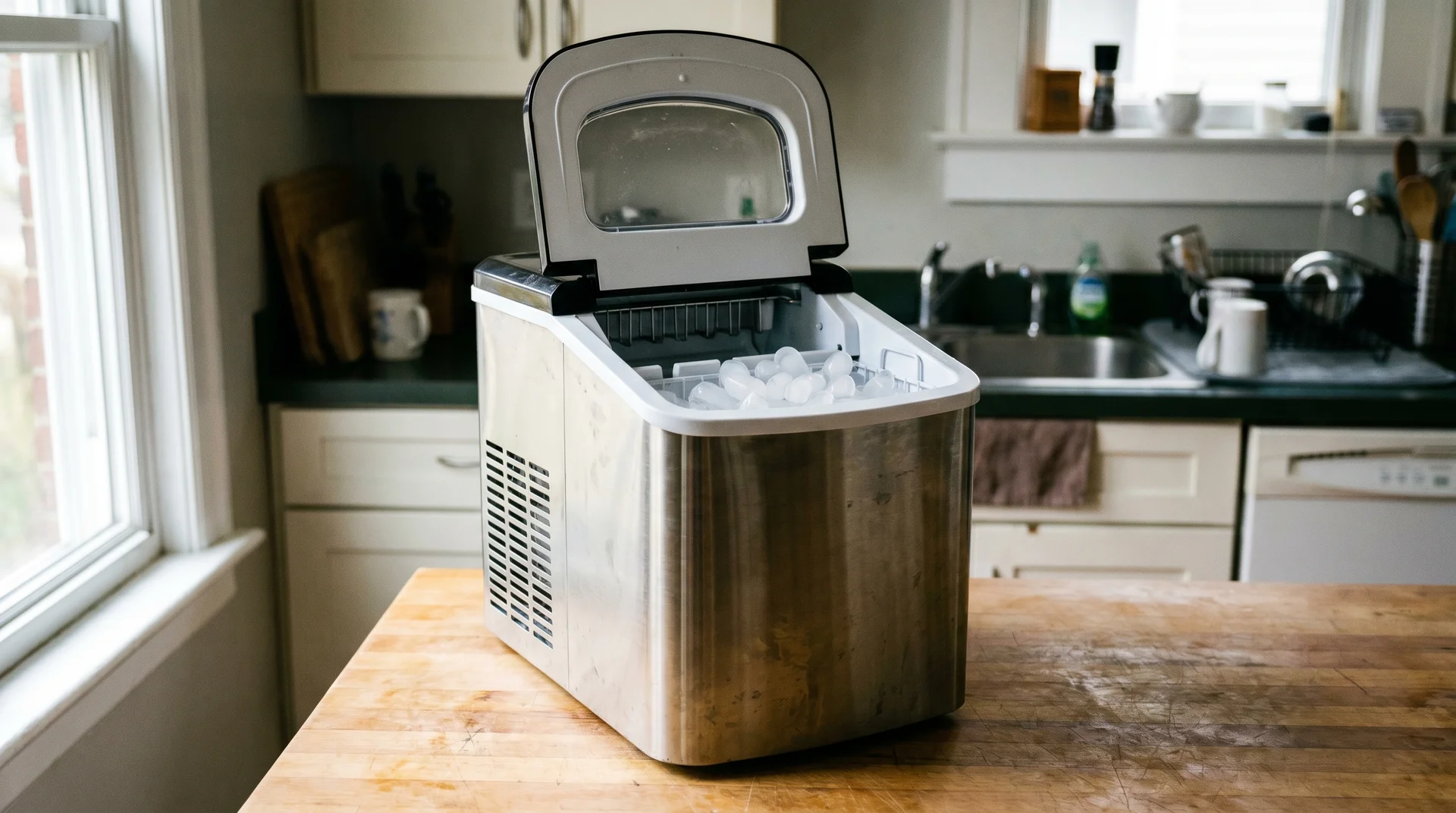 Countertop ice maker with lid open showing bullet ice in the basket, photographed on a kitchen counter in natural light