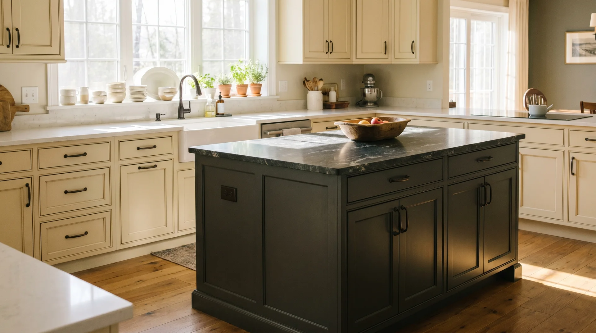 Cream kitchen cabinets with a Kendall Charcoal island, dark granite countertop, oil-rubbed bronze hardware, morning light