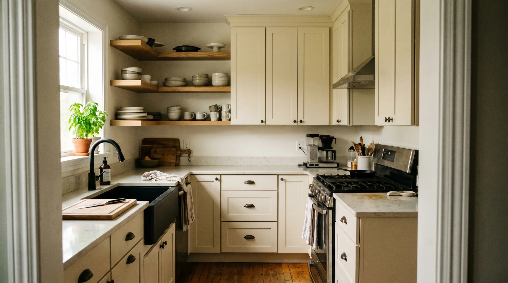 Cream shaker kitchen with white oak open shelving, apron-front sink, and natural morning light