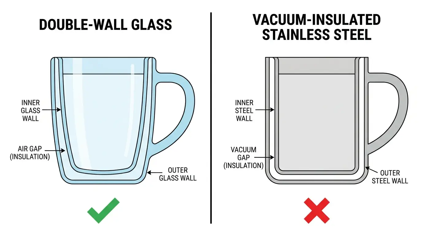 Cross-section diagram comparing double-wall glass mug (safe for microwave) with vacuum-insulated stainless steel travel mug (not safe), showing wall construction