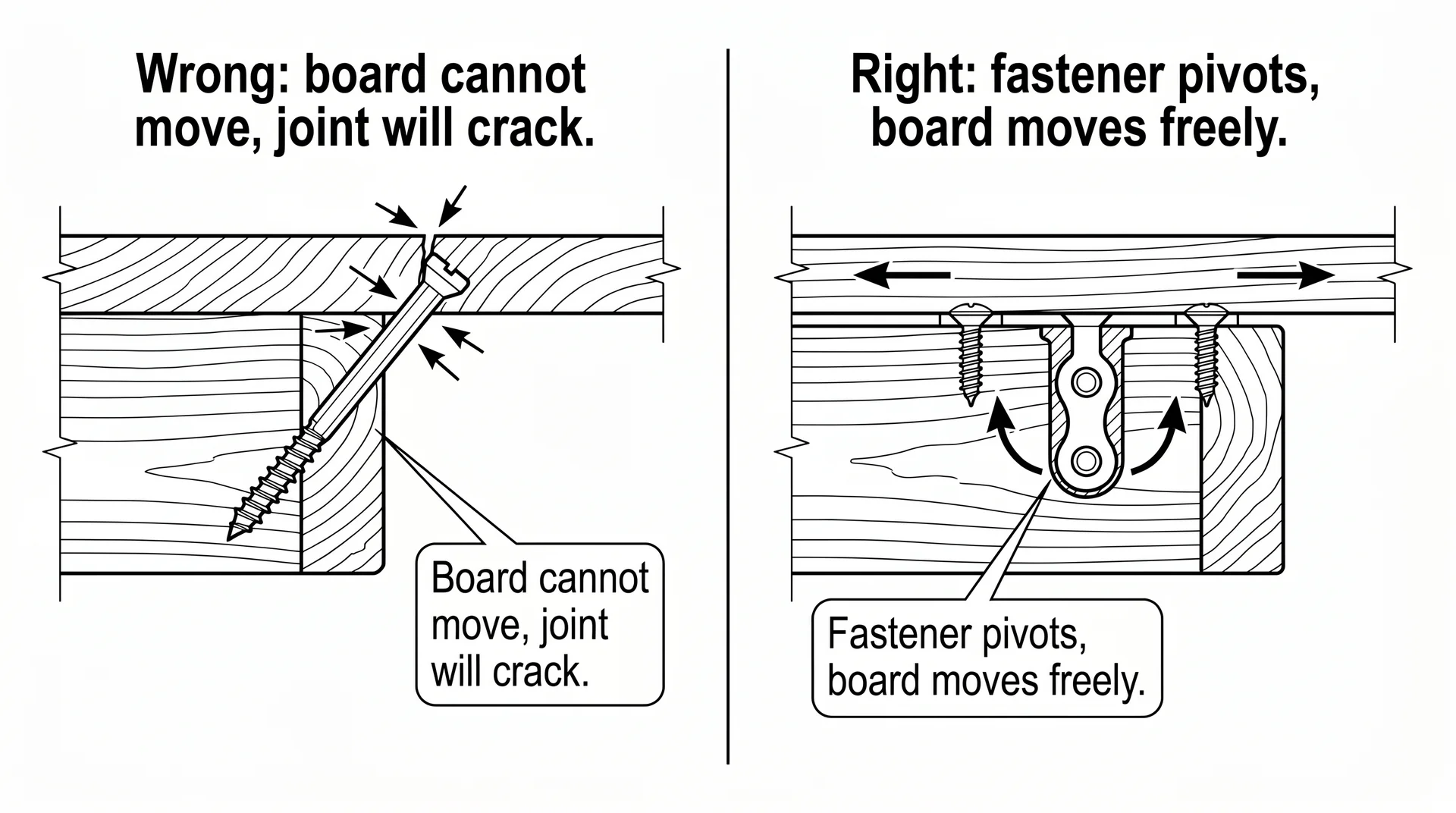 Cross-section diagram comparing rigid pocket screw tabletop attachment versus figure-8 fastener allowing wood movement