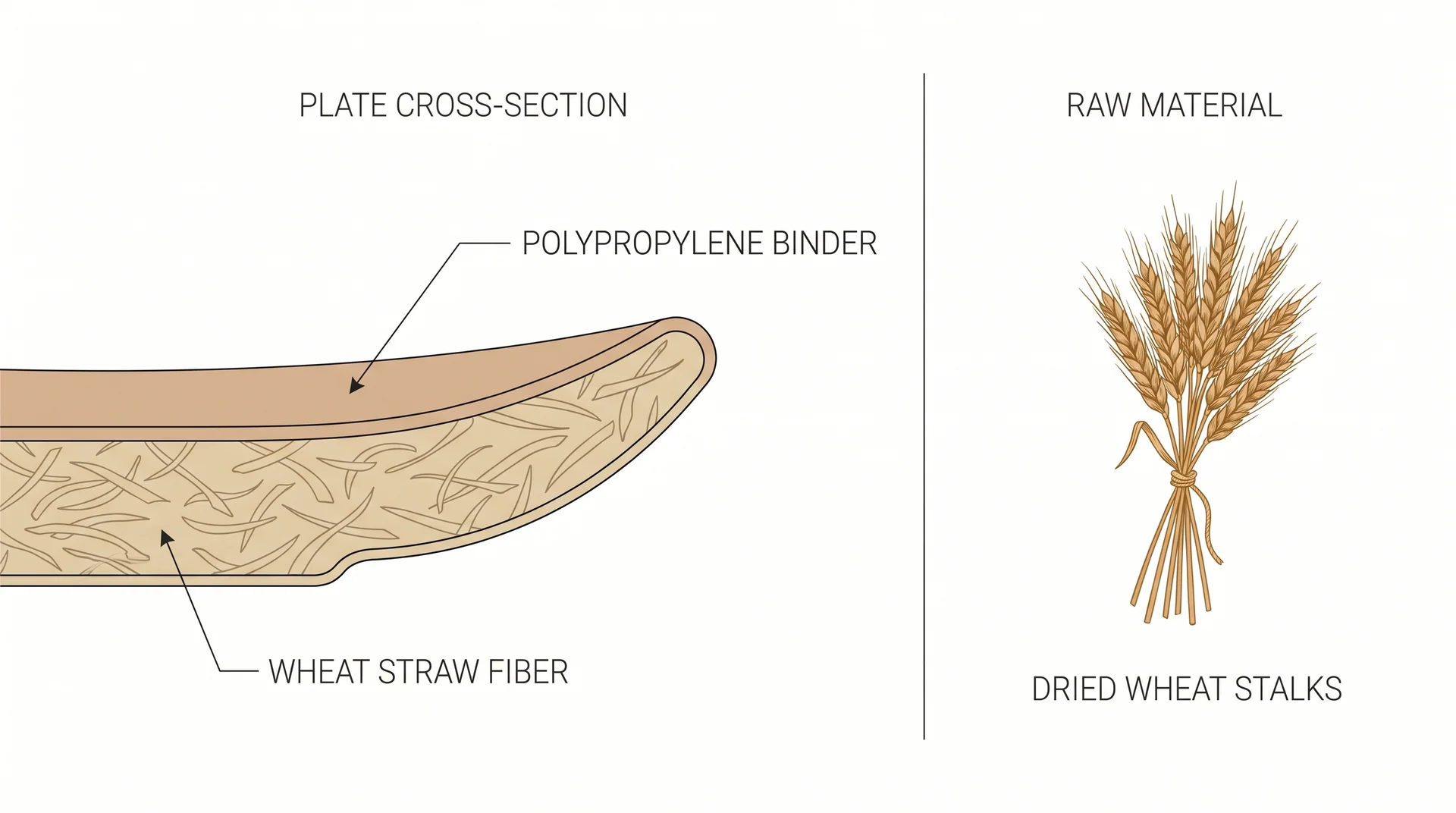 Cross-section diagram of wheat straw plate showing wheat fiber and polypropylene binder composition