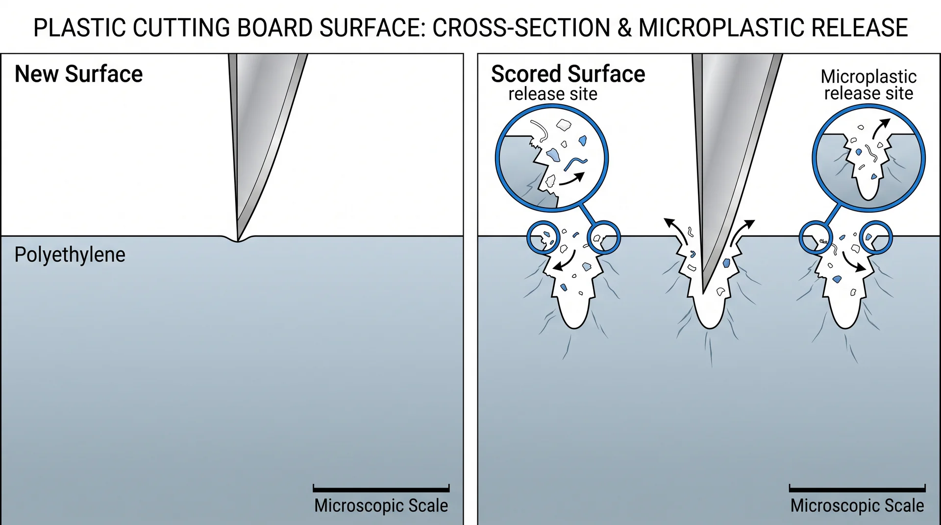 Cross-section diagram showing microplastic release from knife-scored plastic cutting board surface versus new surface