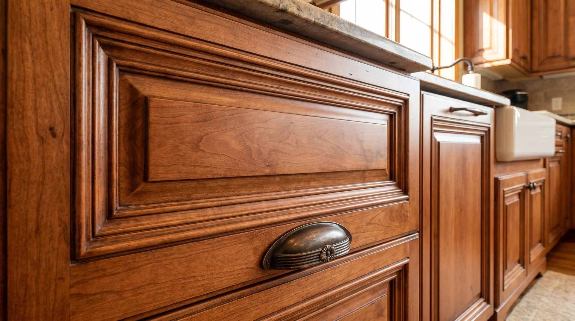 Cup pull on a raised-panel cabinet door showing hardware that echoes the door's decorative profile