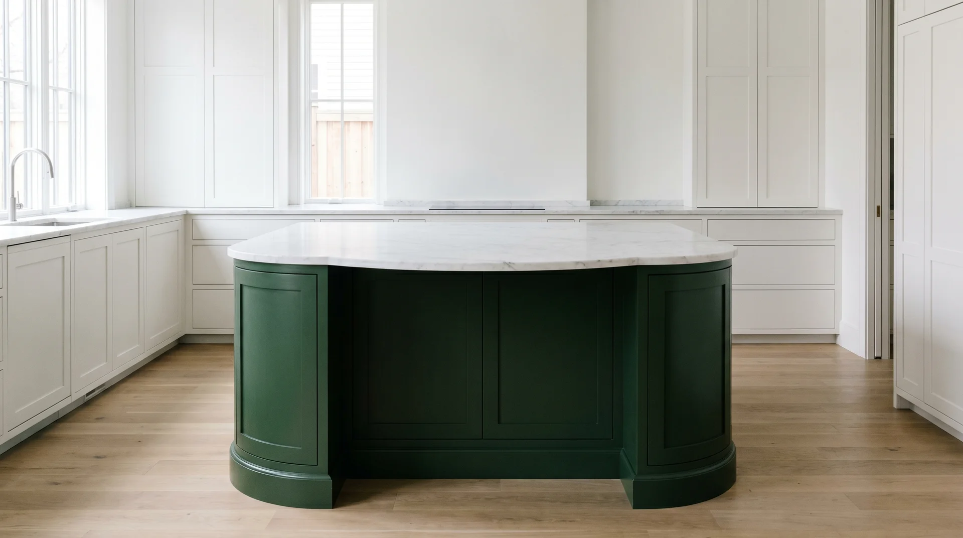 Curved green kitchen island as the single visual hero in a deliberately quiet white kitchen
