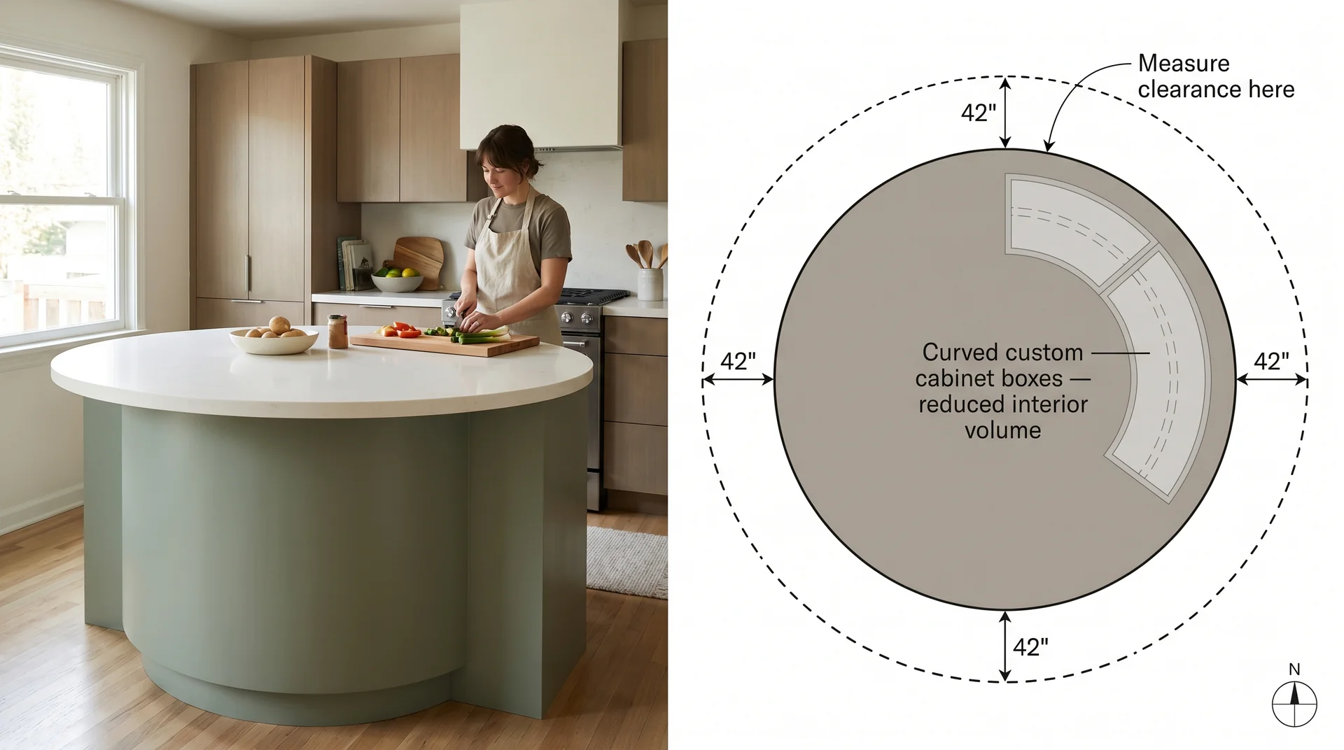 Curved kitchen island in a real kitchen beside a top-down plan showing 42-inch clearance zones and curved cabinet layout