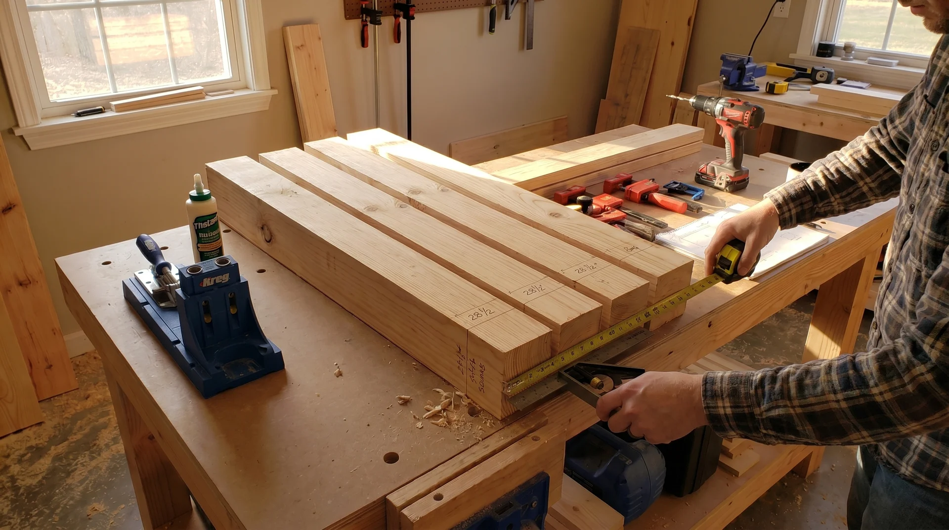 Cutting and checking farmhouse table legs before assembly