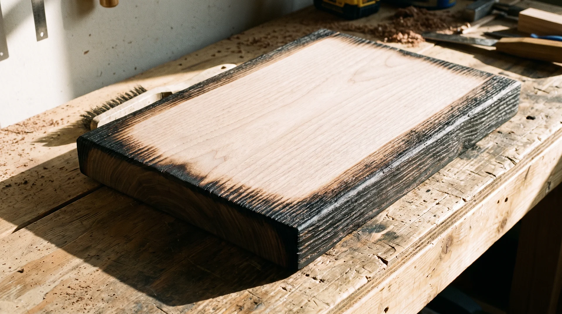 Cutting board with torch-charred wire-brushed dark edges contrasting against untreated pale cutting surface