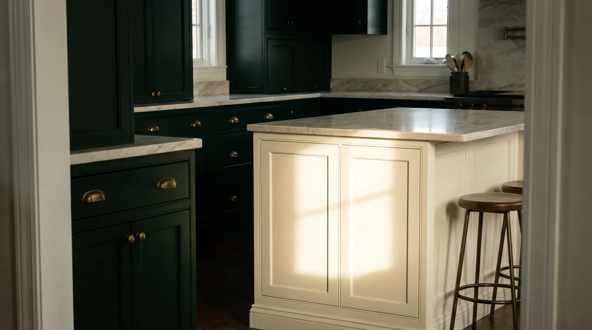 Dark forest green kitchen perimeter with a cream island as the visual rest point, brass hardware, marble countertop, morning light