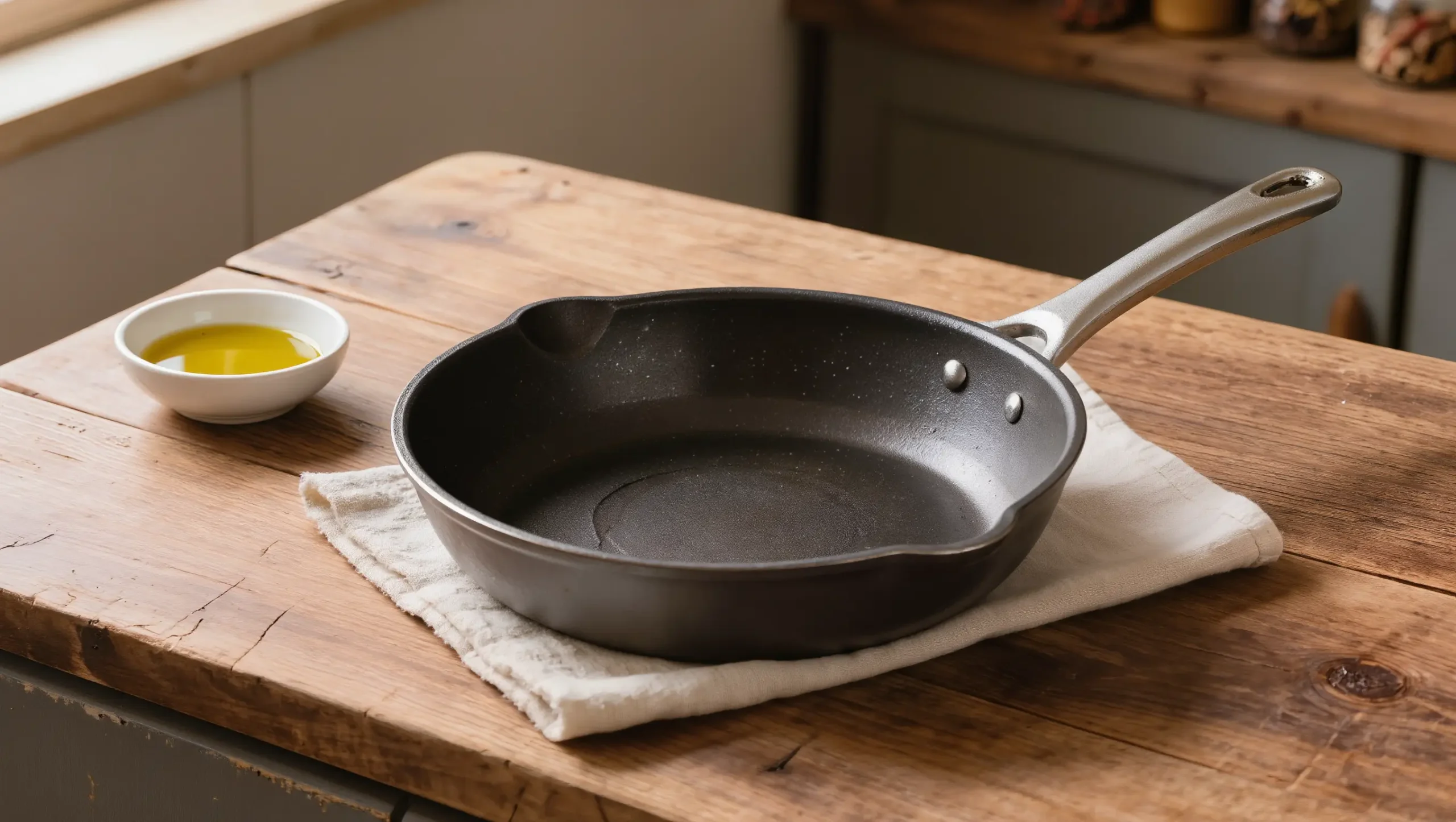 Dark gray hard anodized skillet on wooden counter, natural window light, olive oil beside it