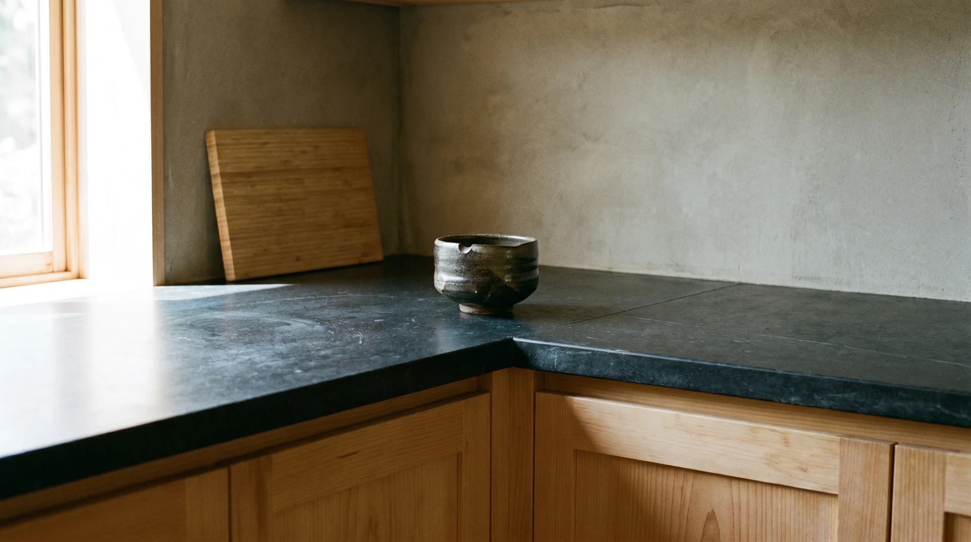 Dark soapstone counter with handmade ceramic bowl and unpainted hinoki wood cabinet doors in a Zen kitchen