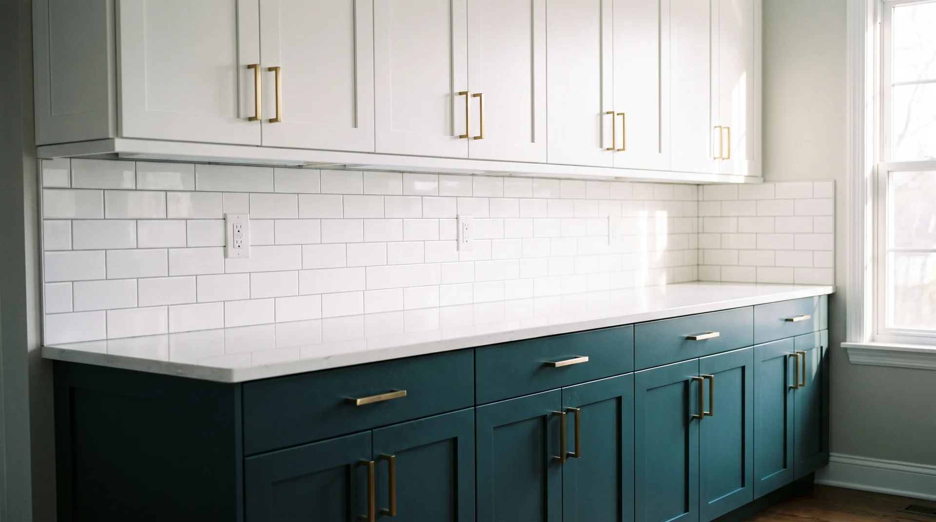 Dark teal Shaker lower cabinets and white upper cabinets with brass pulls and white subway tile in a real kitchen
