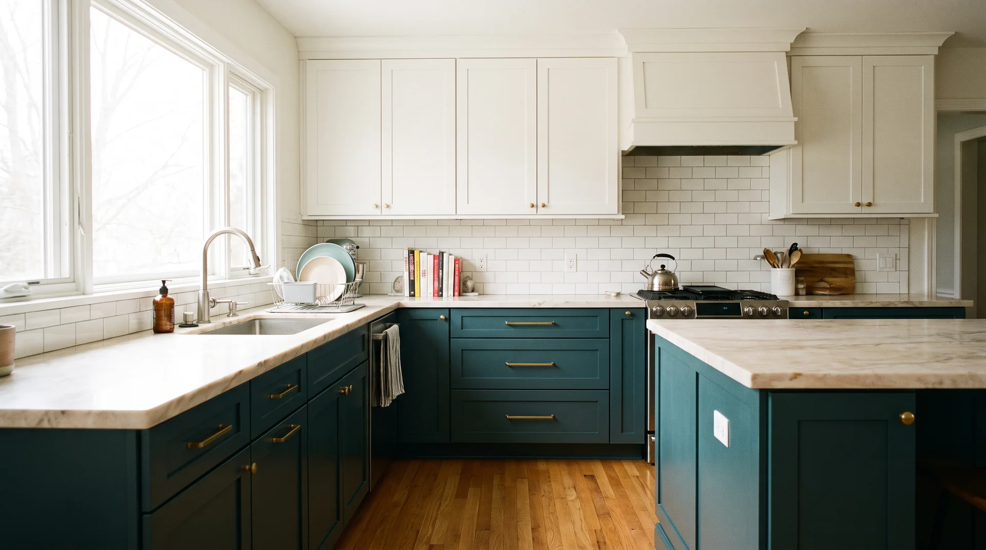 Dark teal lower cabinets and white uppers in a real home kitchen with natural light and brass hardware
