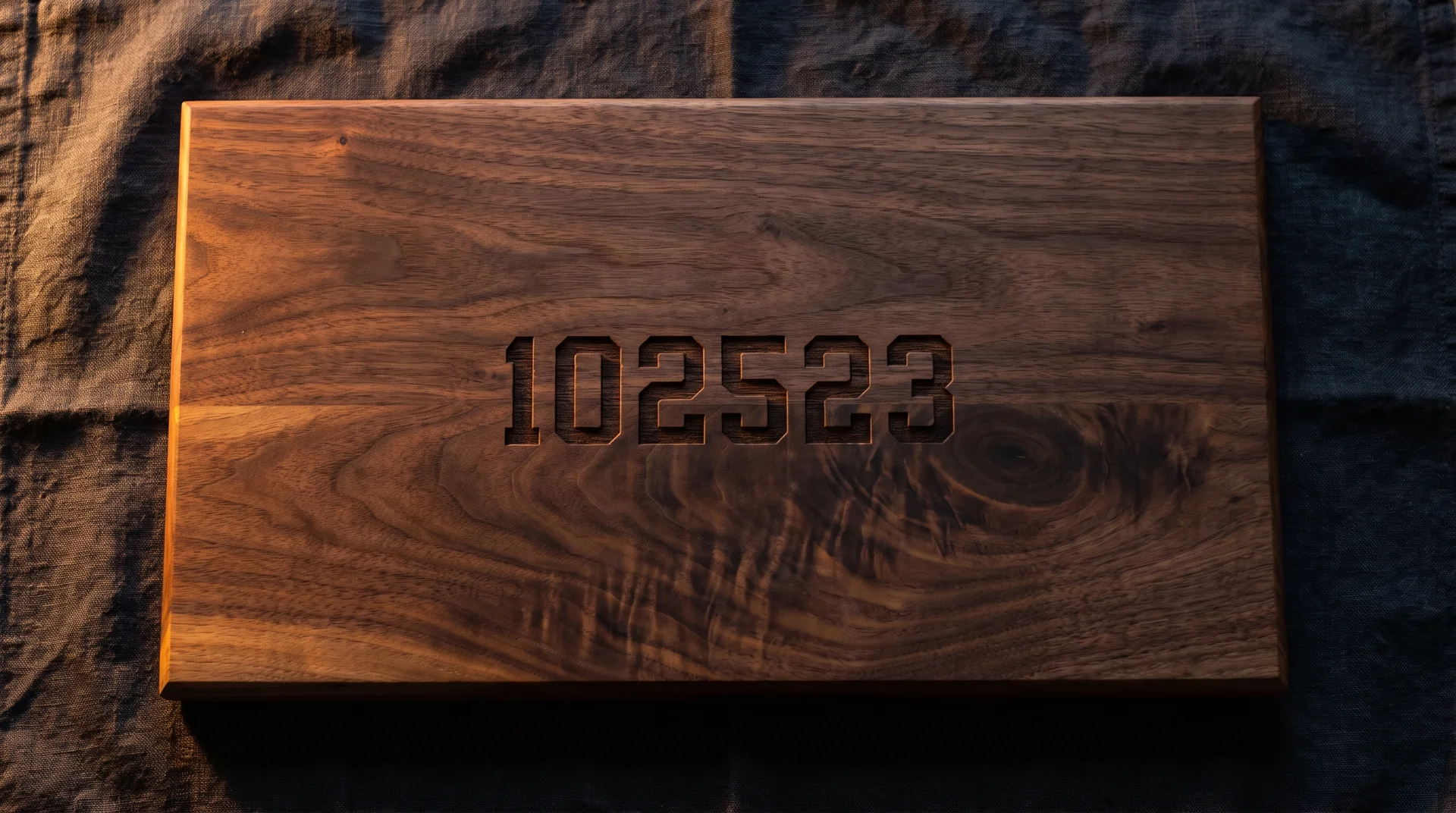 Dark walnut board with six engraved block numerals as a private date, no label, low warm sidelight left