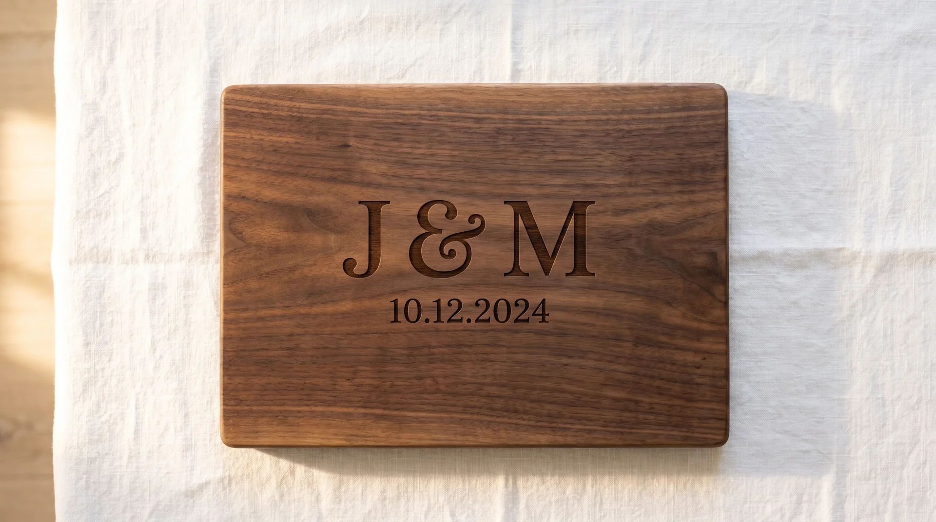 Dark walnut board with two initials flanking an ampersand above and a wedding date below, viewed from above
