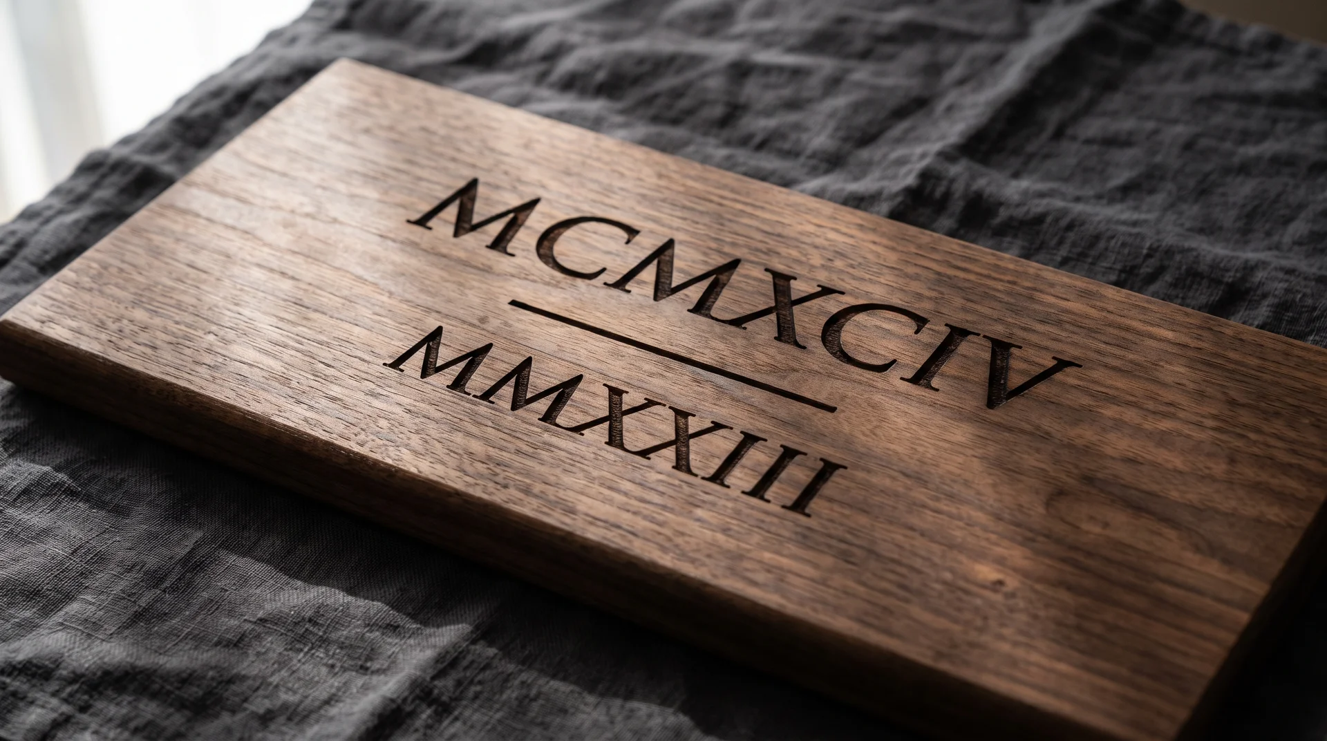 Dark walnut board with two years in Roman numerals separated by a centered rule, raking sidelight left