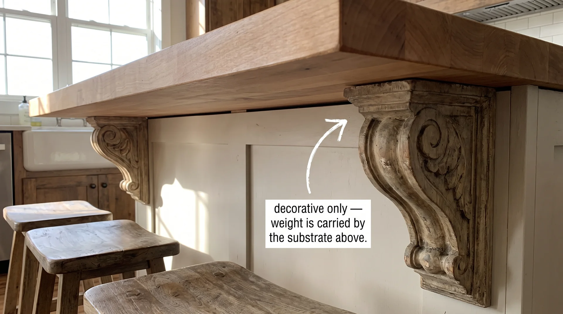 Decorative wood corbels under farmhouse island overhang with annotation showing they carry no structural load