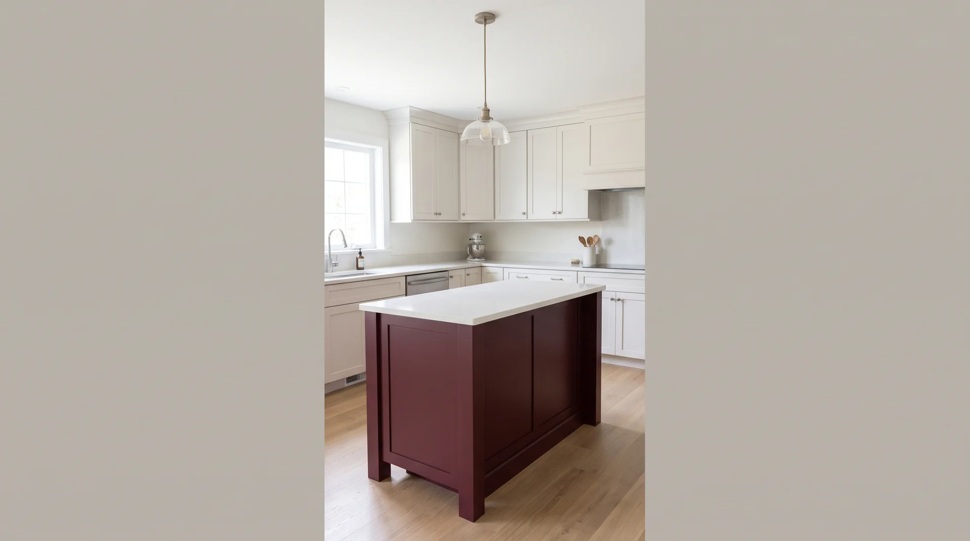 Deep burgundy kitchen island with white quartz countertop and neutral cream perimeter cabinets