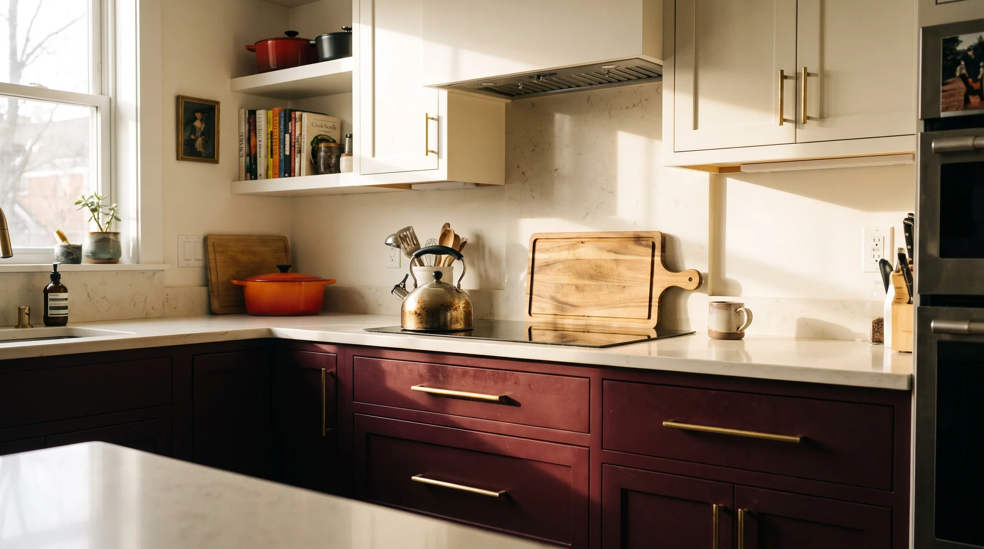 Deep burgundy lower cabinets with warm white uppers and brass hardware in a real home kitchen