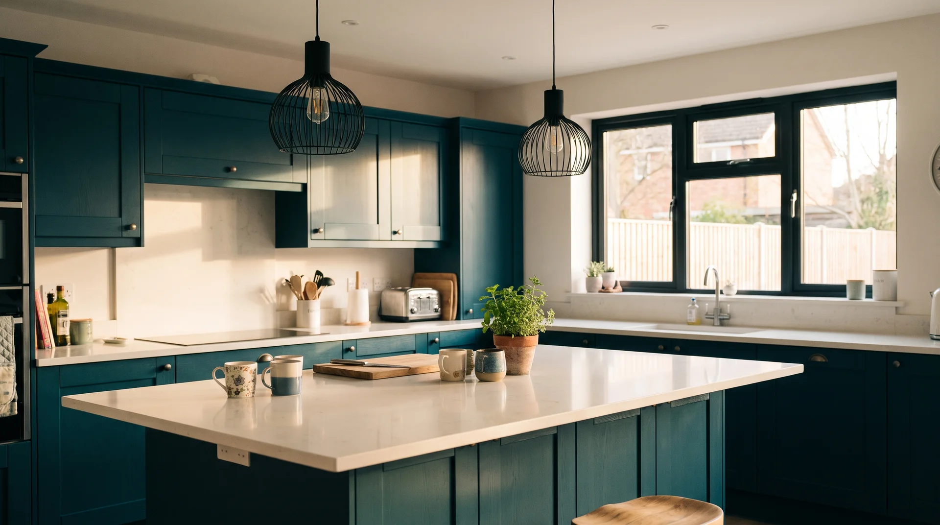 Deep teal kitchen cabinets with matte black pendant lights and window frame against a white quartz countertop