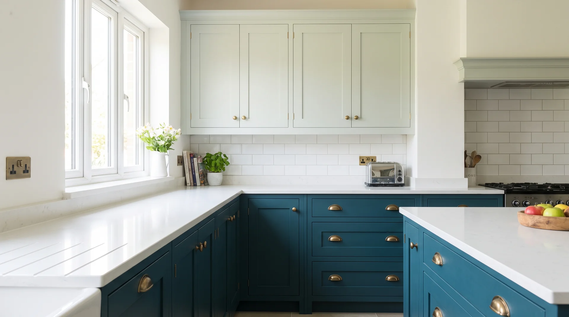 Deep teal lower cabinets and lighter sage green upper cabinets in a two-tone kitchen with white subway tile