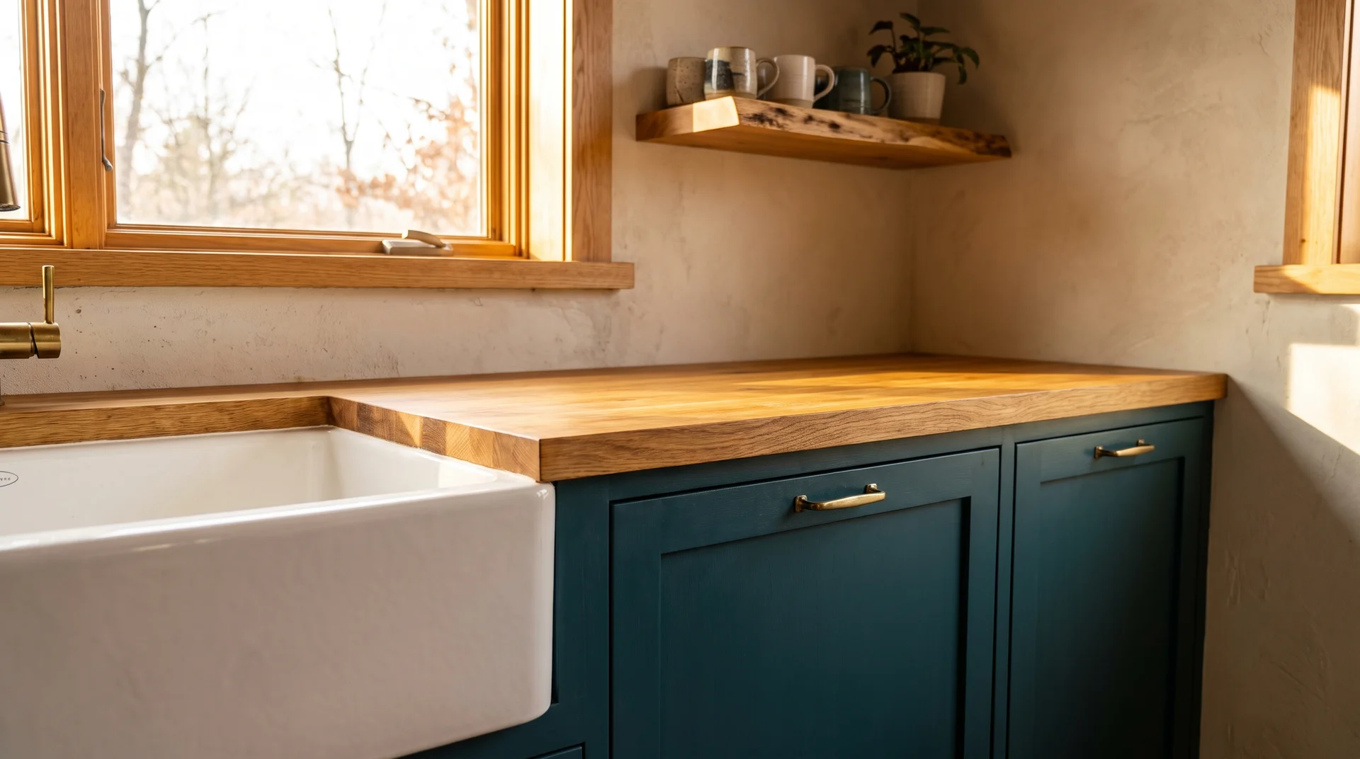 Deep teal lower cabinets below a honey oak butcher block countertop showing the warm-cool contrast of the pairing
