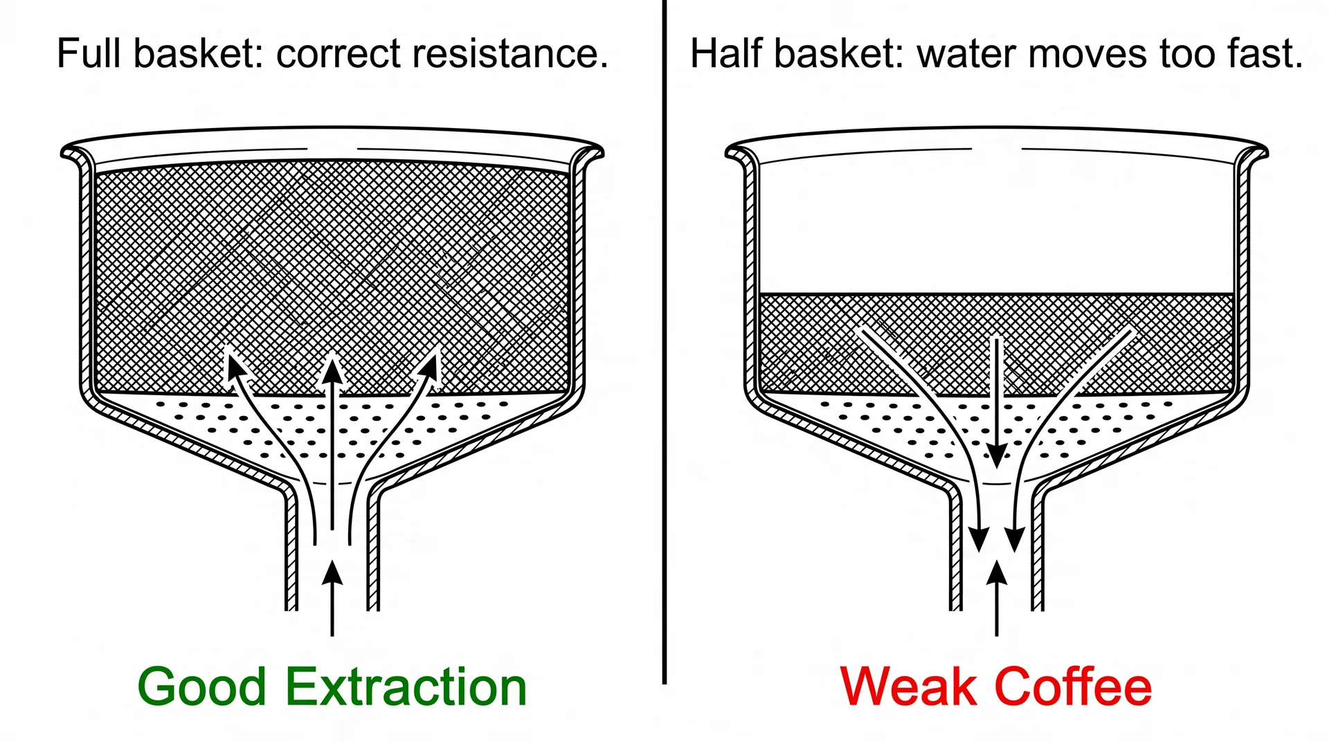 Diagram comparing a full moka pot coffee basket versus a half-filled basket showing extraction difference
