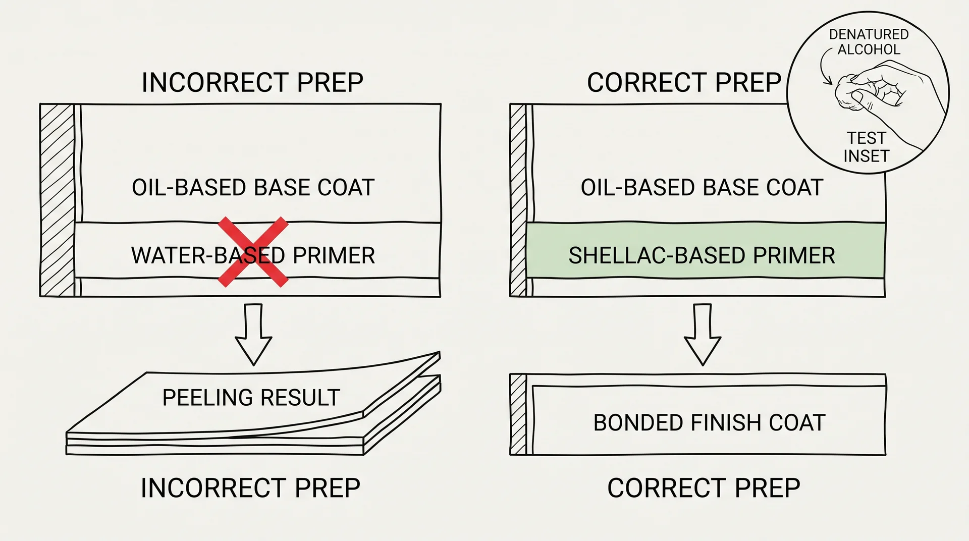 Diagram comparing correct and incorrect primer choices over oil-based and latex cabinet paint