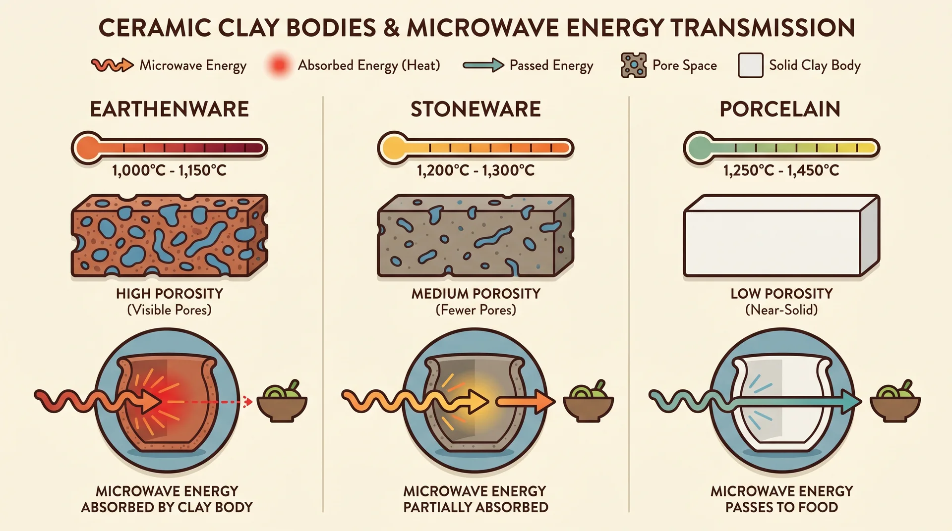 Diagram comparing earthenware, stoneware, and porcelain porosity and microwave energy absorption at their respective firing temperatures