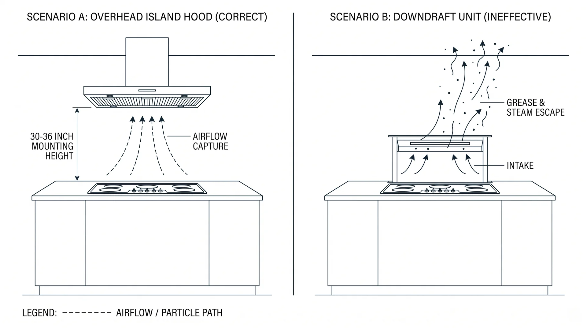 Diagram comparing overhead island range hood airflow versus downdraft ventilation capture limitations