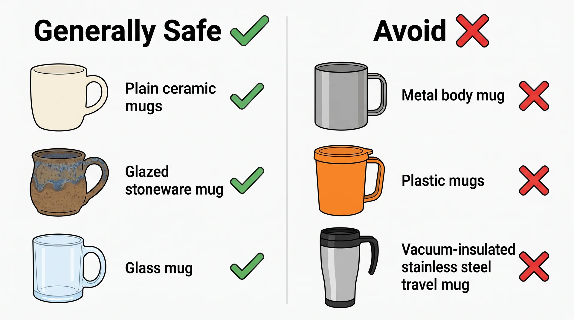 Diagram comparing six mug material types, showing which are generally safe and which to avoid in the microwave