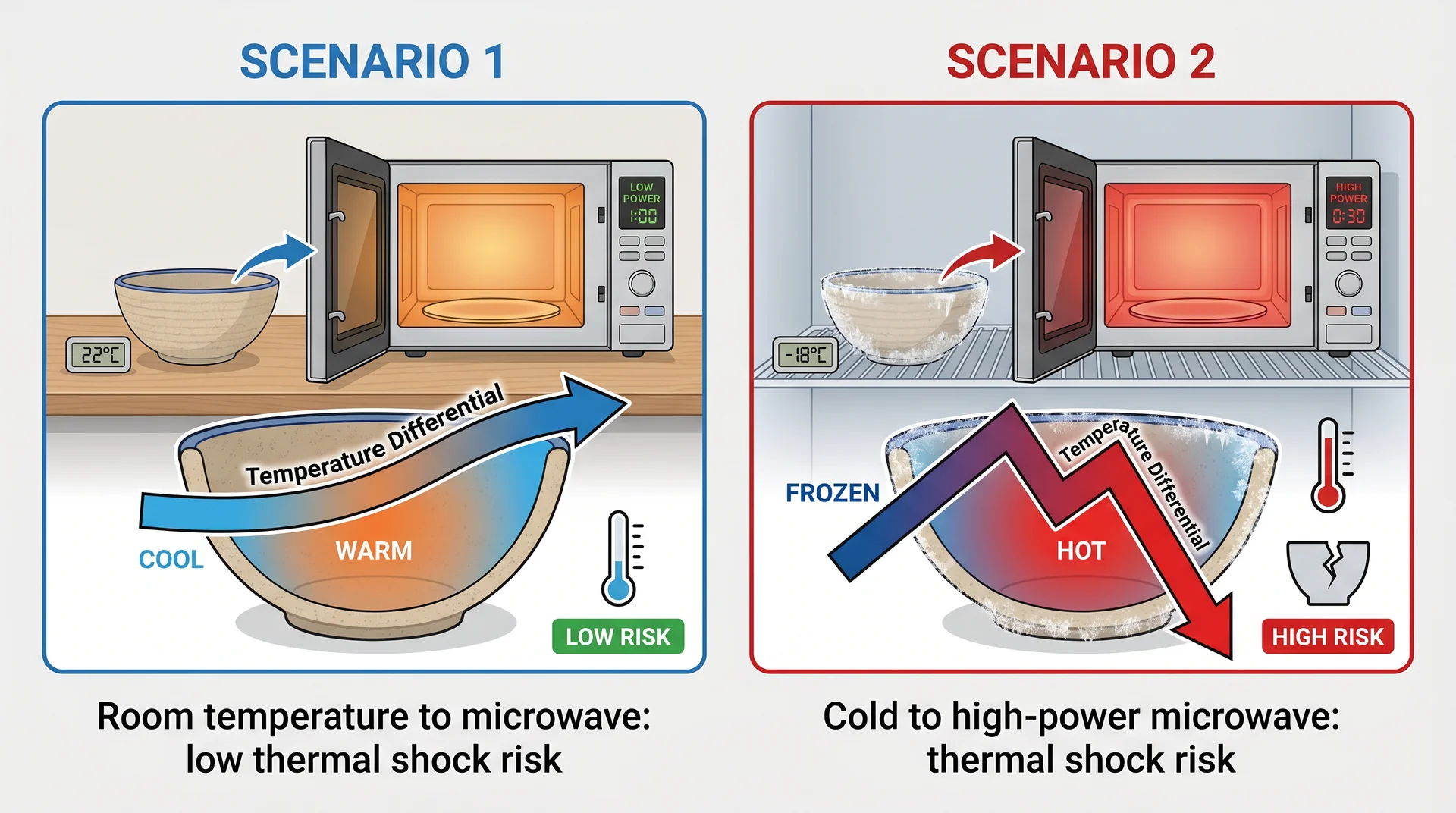Diagram comparing thermal shock risk when microwaving pottery at room temperature versus microwaving a cold piece directly from the refrigerator