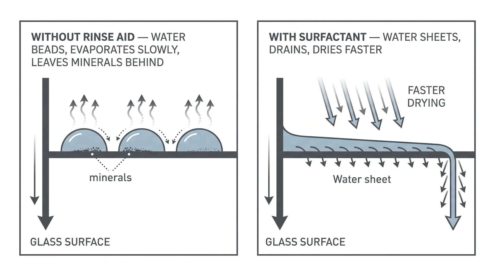 Diagram comparing water beading on glass versus sheeting off with a surfactant rinse aid
