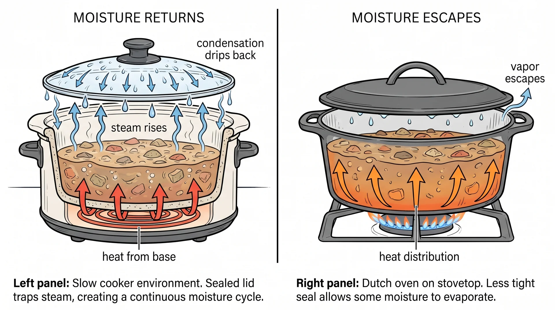Diagram showing slow cooker moisture recirculation versus Dutch oven gradual evaporation