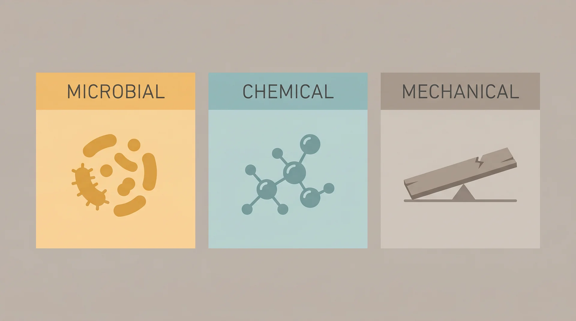 Diagram showing three cutting board safety risks: microbial, chemical, and mechanical