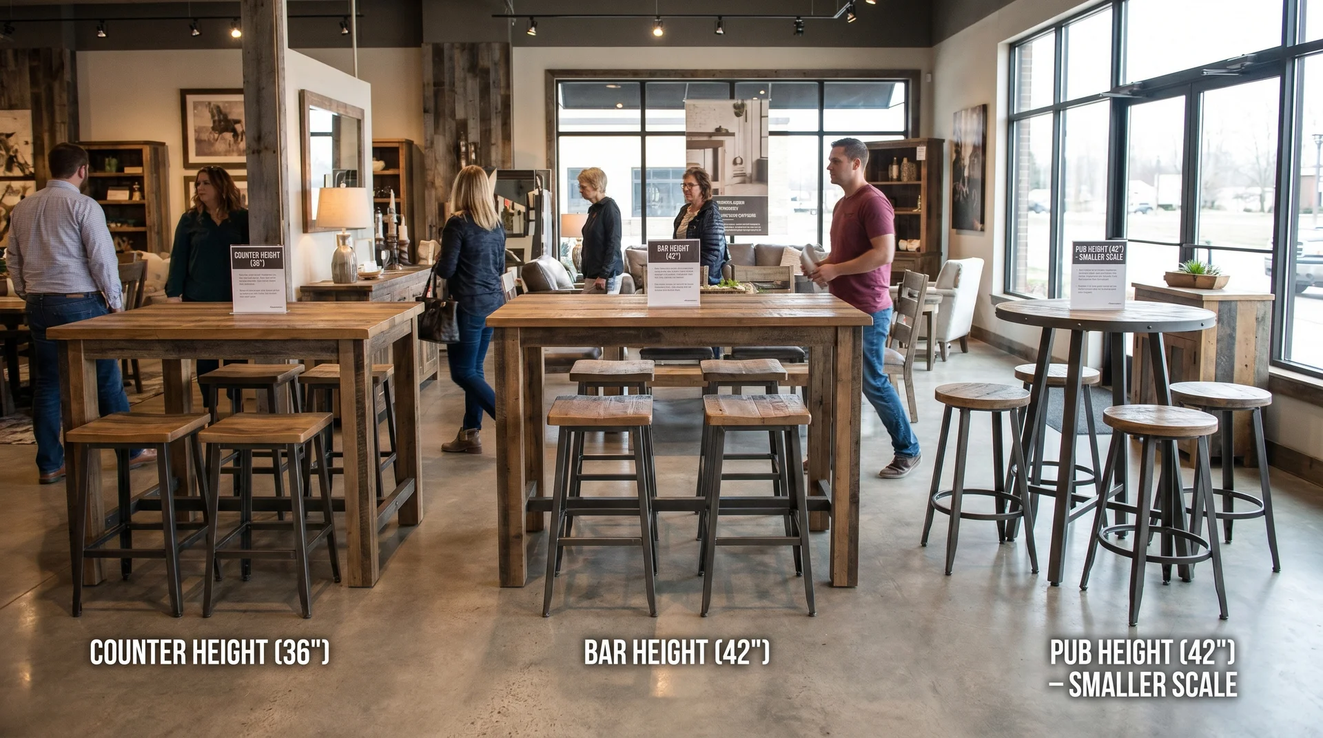 Different elevated table heights displayed in a furniture showroom