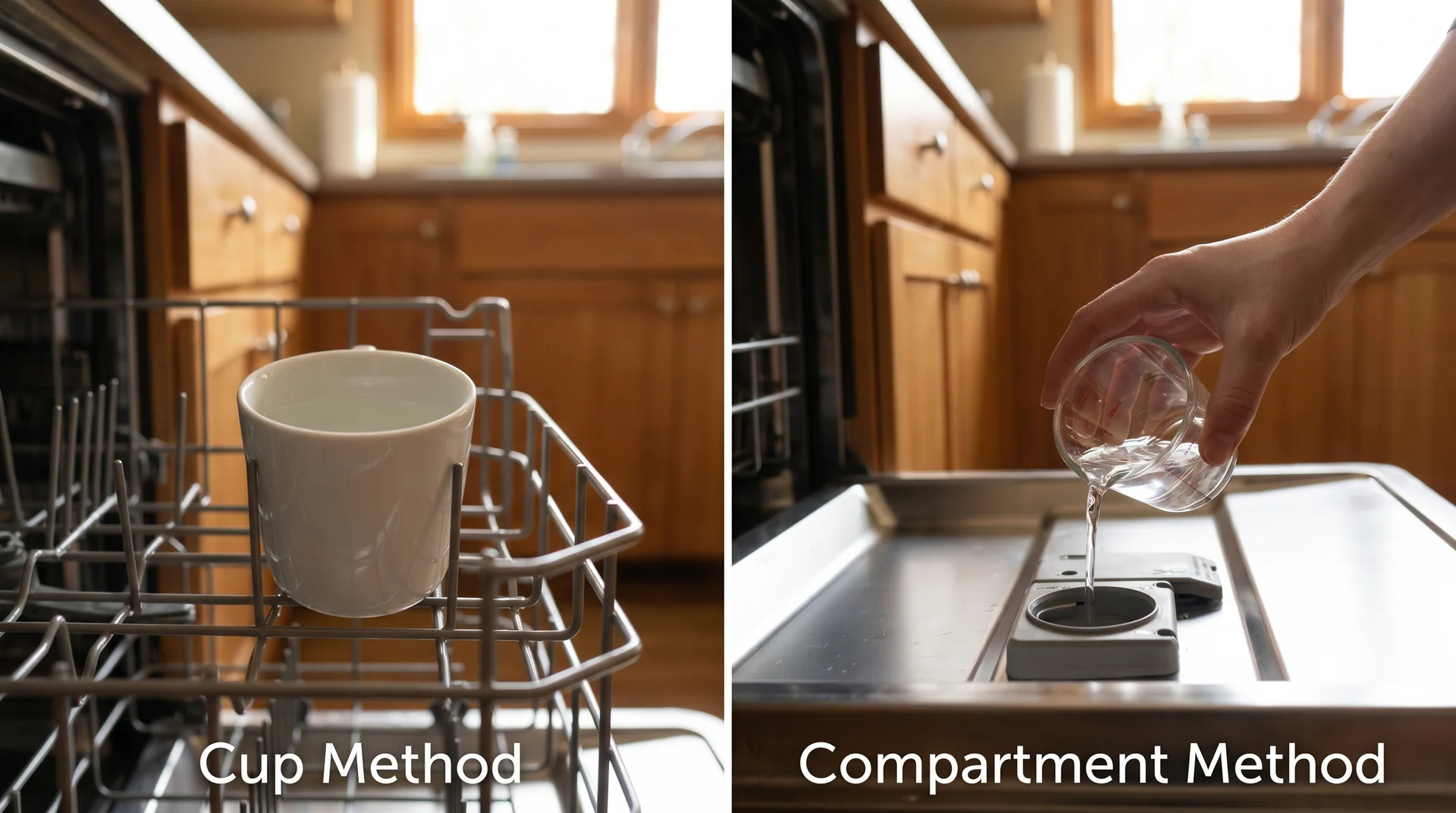 Dishwasher top rack with vinegar cup on the left panel, rinse aid dispenser being filled on the right panel