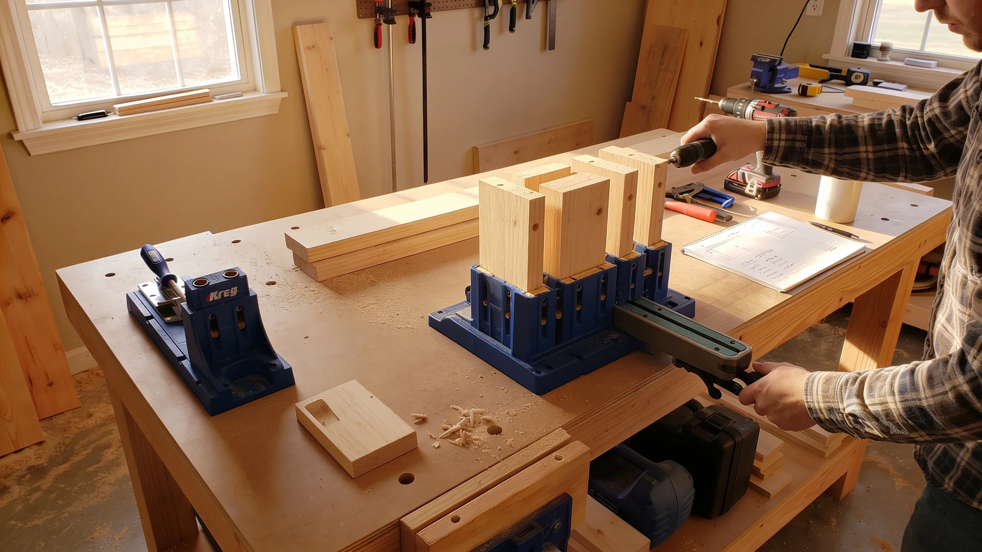Drilling pocket holes into farmhouse table apron boards