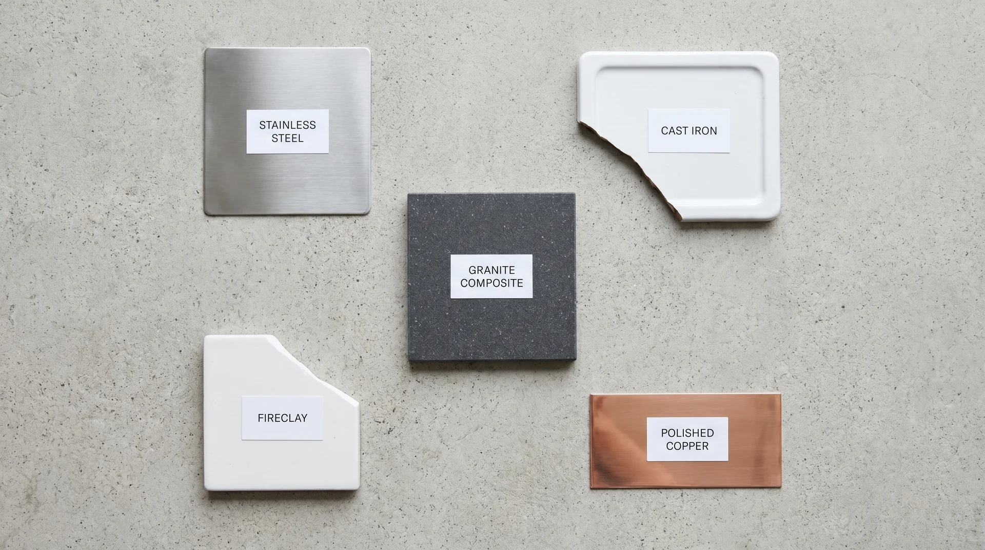 Drop-in sink material samples showing stainless steel, cast iron, granite composite, fireclay, and copper side by side