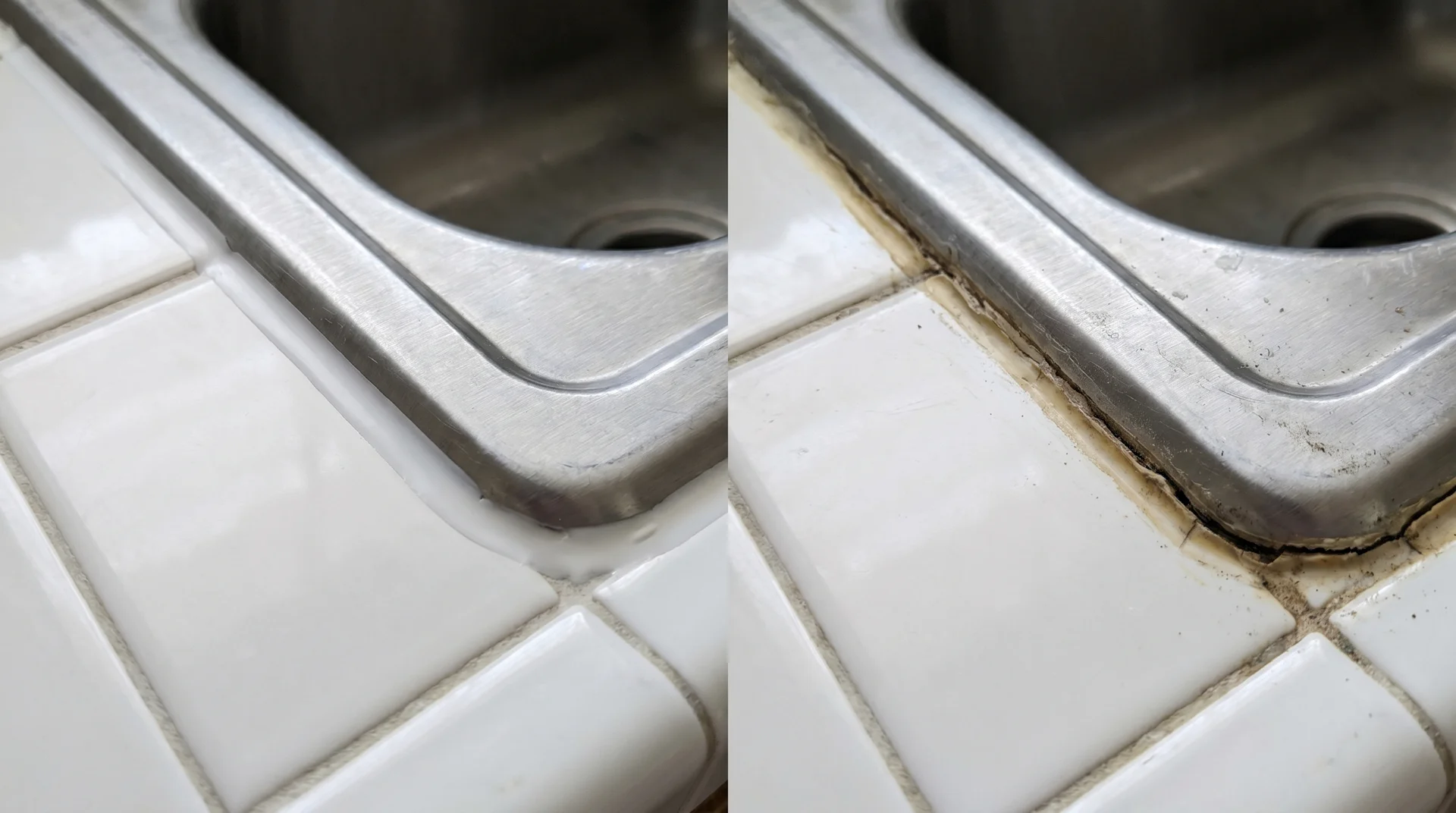Drop-in sink rim caulk comparison showing intact silicone seal beside a degraded seal requiring re-caulking