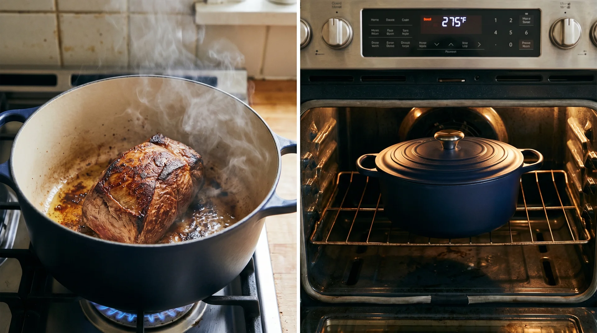 Dutch oven transitioning from a stovetop sear to a 275°F oven braise in two steps.
