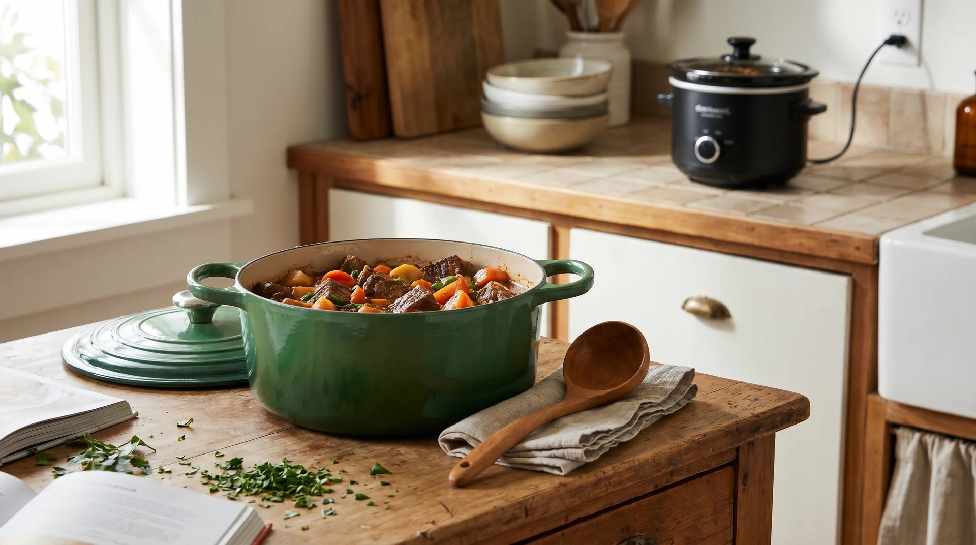 Dutch oven with a braise in the foreground and a slow cooker in the background on a kitchen counter