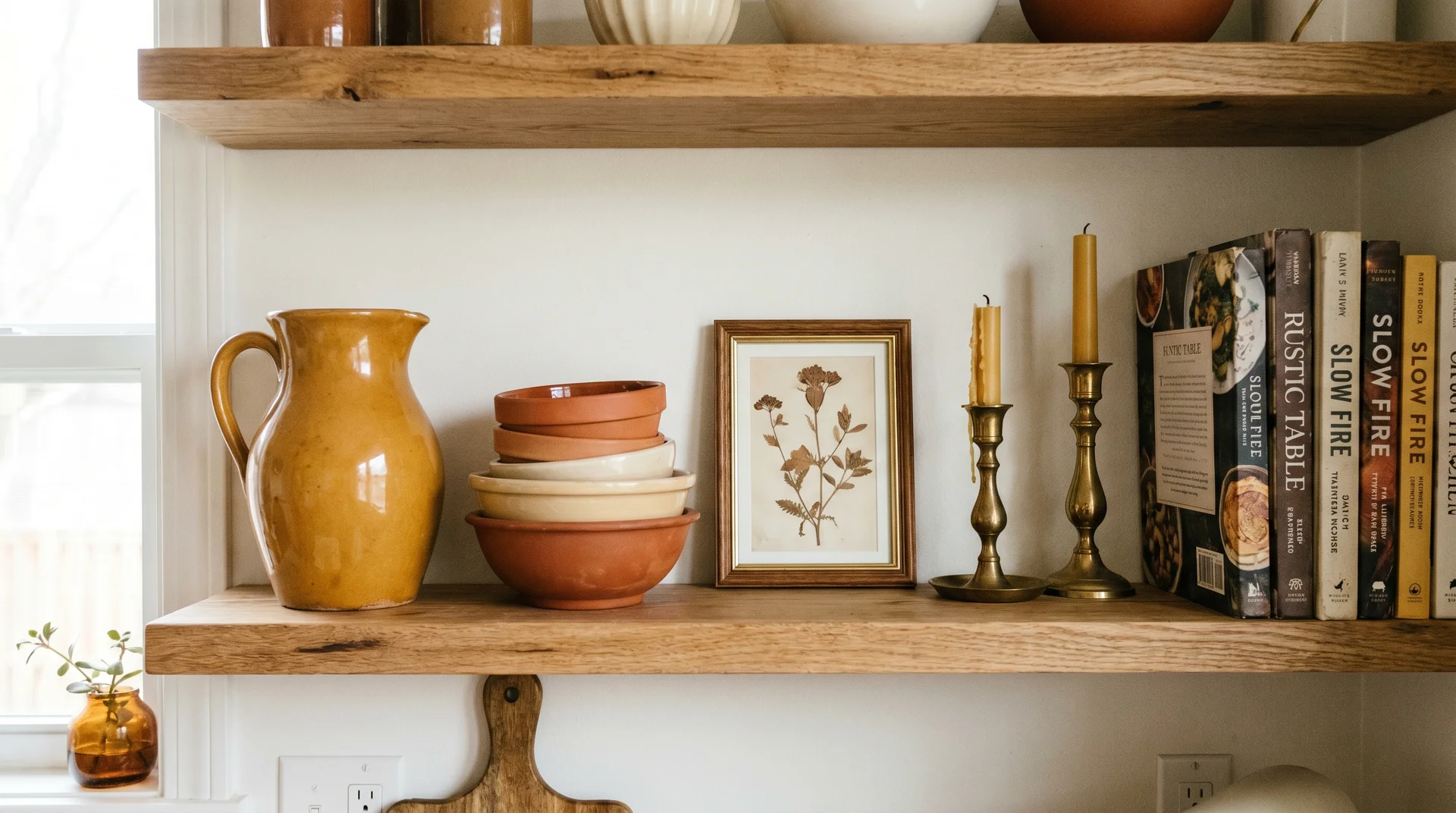 Eclectic kitchen shelving with vintage ochre ceramic, mismatched bowls, and botanical print