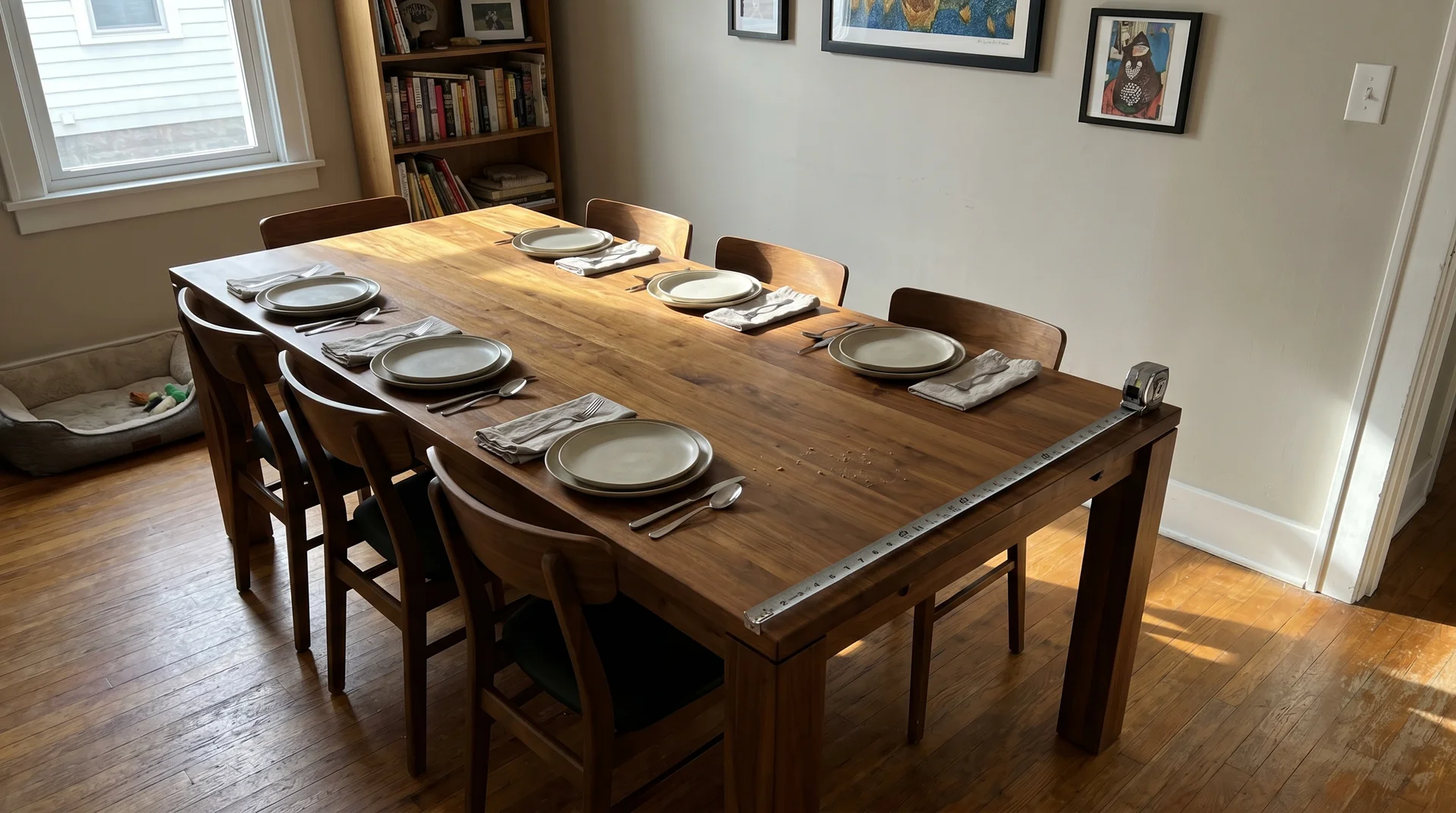 Eight-person rectangular dining table in a real home dining room with a tape measure resting across the corner