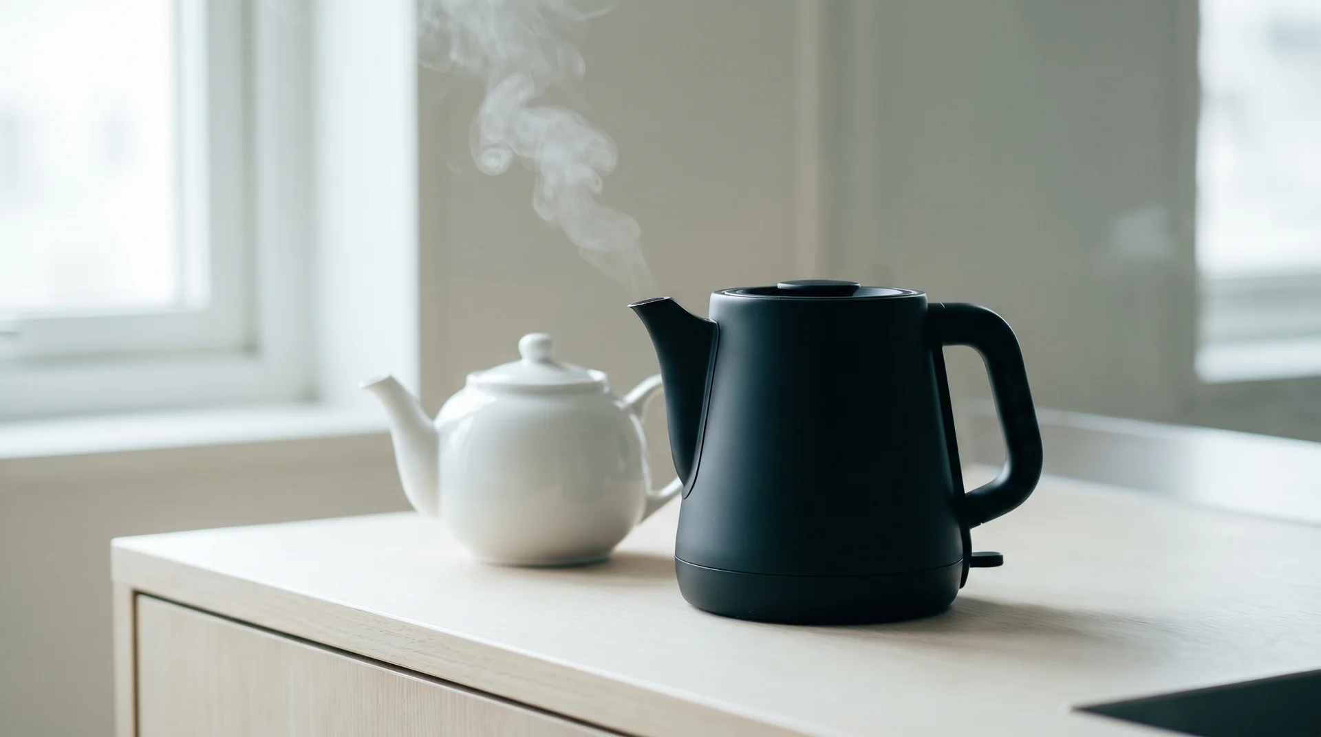 Electric kettle and ceramic teapot side by side on a kitchen counter with natural light