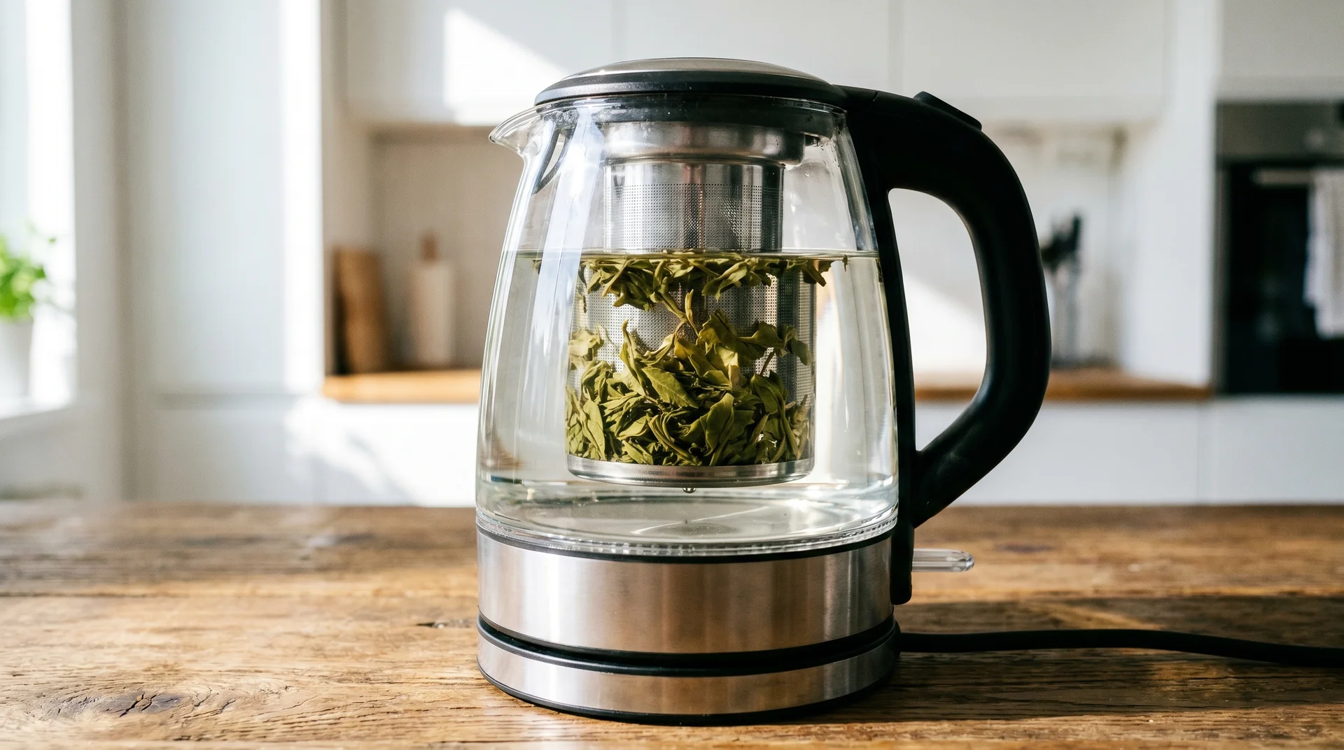 Electric kettle with built-in stainless steel infuser basket visible through the glass body, showing loose leaf tea inside