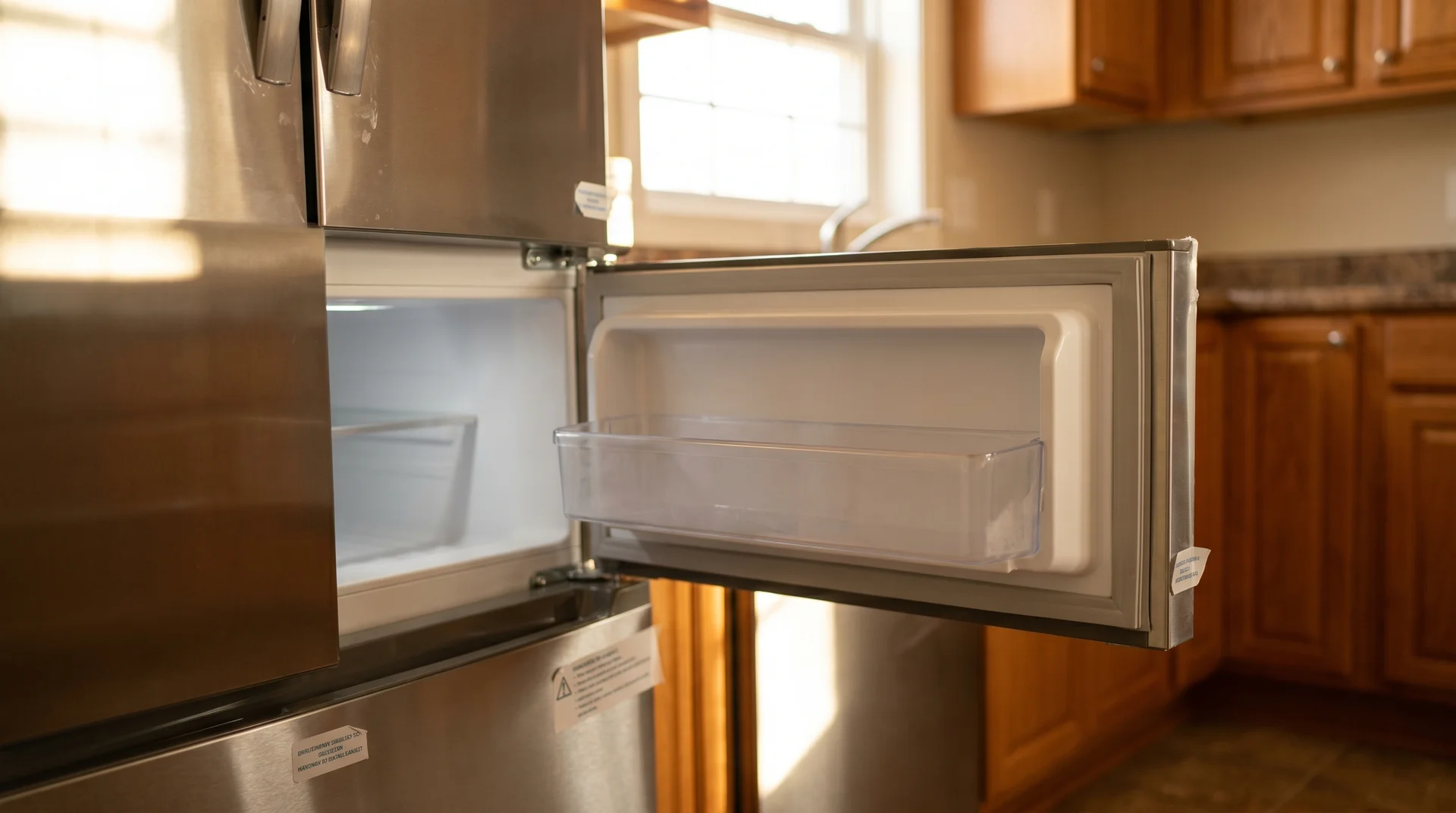 Empty ice bin inside a new refrigerator freezer, viewed with the door open
