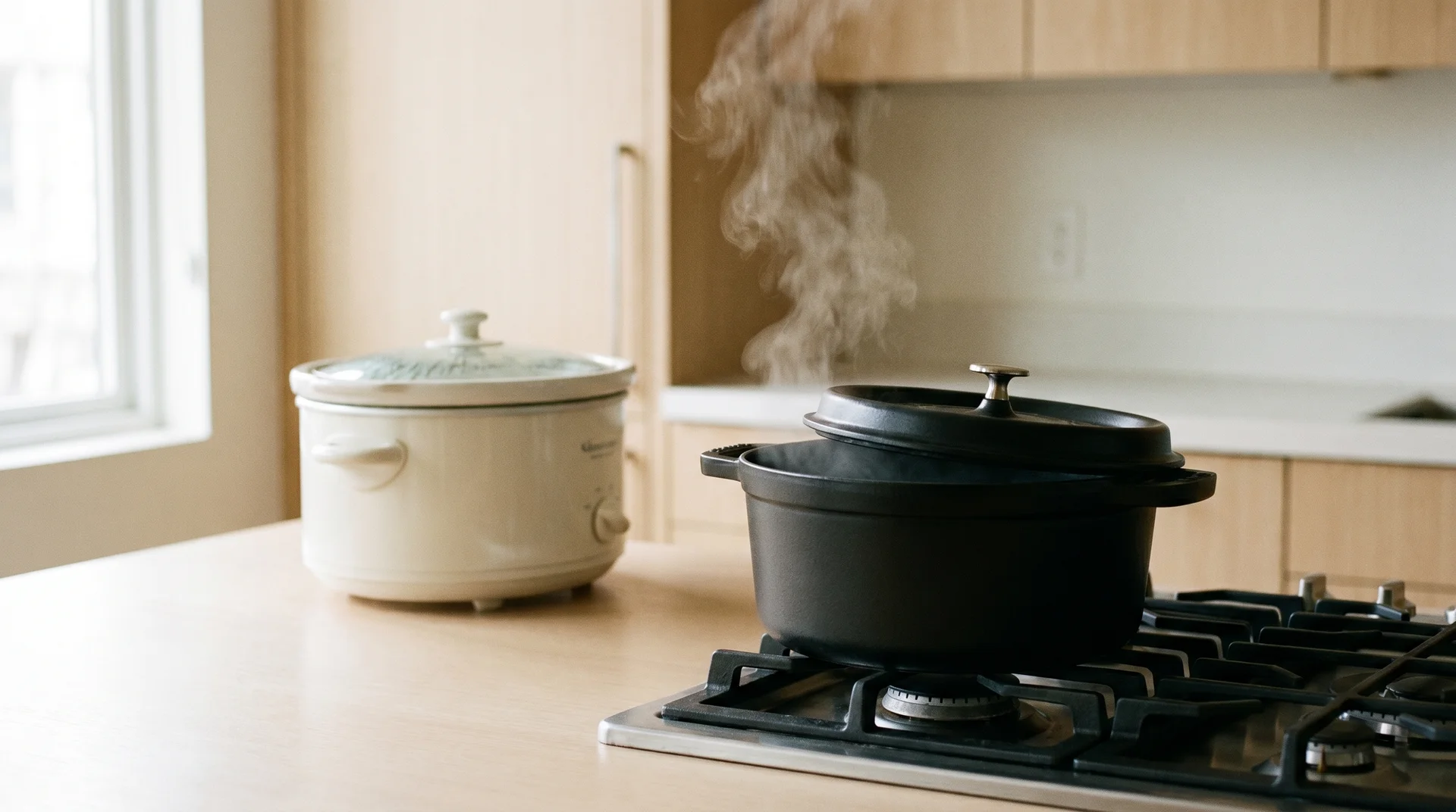 Enameled Dutch oven on a gas stovetop with a slow cooker in the background