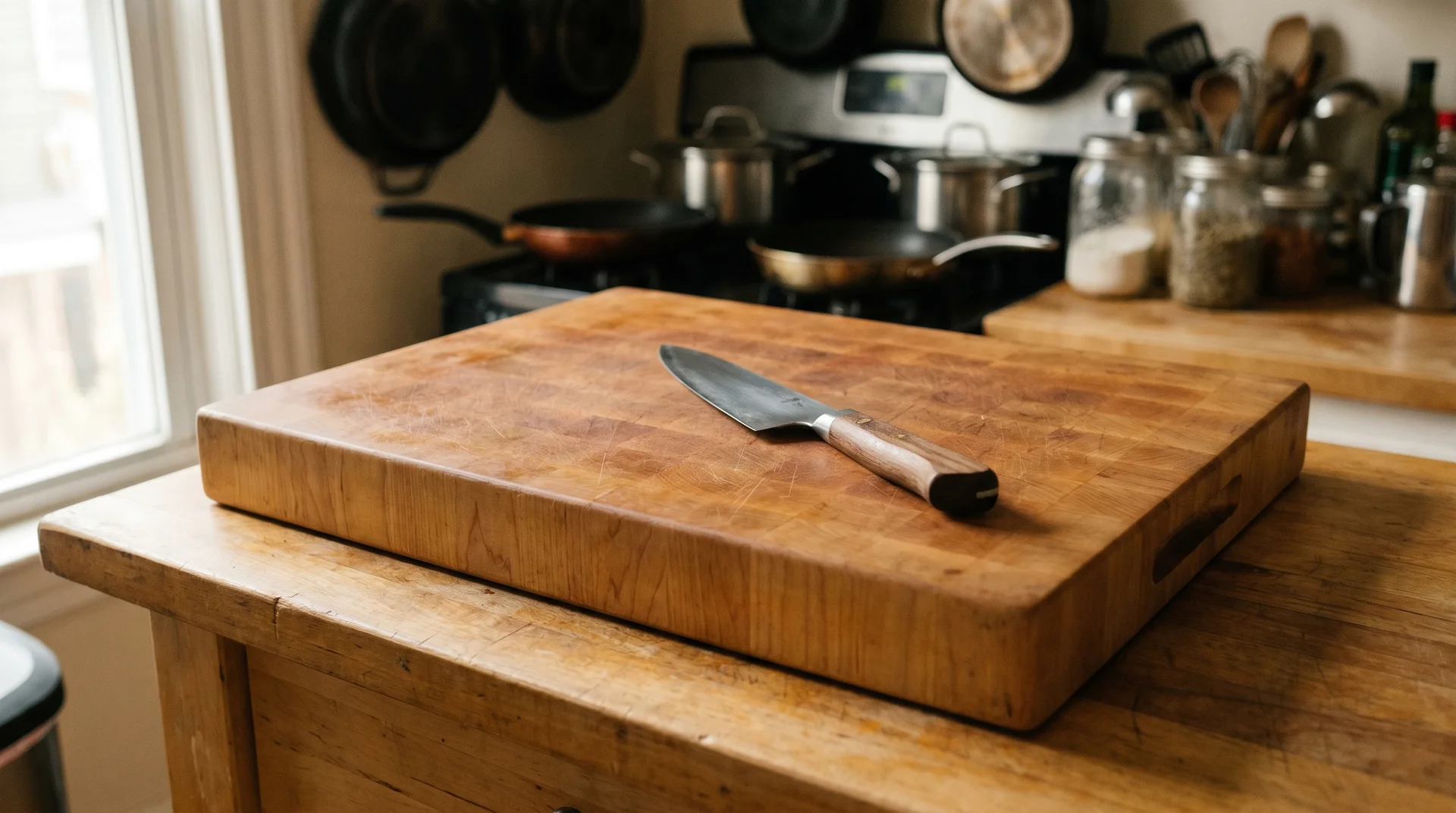 End-grain maple cutting board with chef's knife on a real kitchen counter in natural light