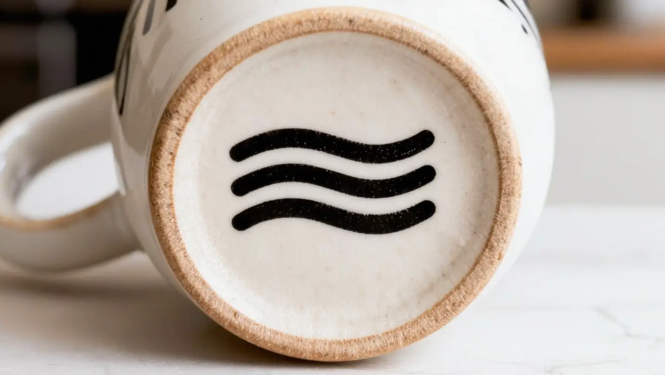 Extreme close-up of the base of a ceramic mug showing the three wavy lines microwave-safe symbol